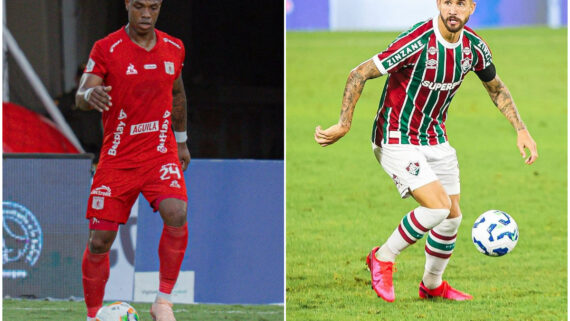 Jogador do América de Cali e do Fluminense ao conduzir bola (foto: Divulgação/América de Cali e Divulgação/Fluminense)