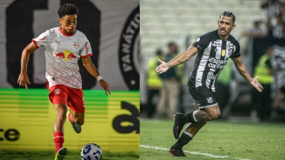 Marcelinho, do Bragantino e Fernando Sobral, do Ceará em campo (foto: Ari Ferreira/Red Bull Bragantino e Felipe Santos / Ceará)