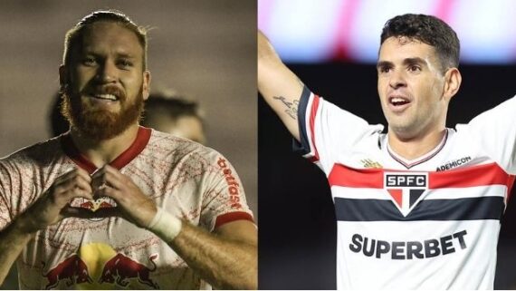 Pitta, do Bragantino, e Oscar, do São Paulo (foto: Ari Ferreira/Red Bull Bragantino e Paulo Pinto / São Paulo FC)