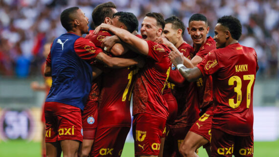 Comemoração do gol do Bahia sobre o Santos (foto: Rafael Rodrigues / Bahia)
