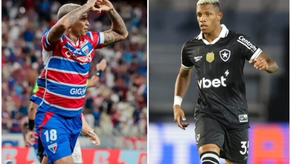 Jogar do Fortaleza em comemoração de gol e jogador do Botafogo durante uma partida (foto: Mateus Lotif/FEC e Vítor Silva/Botafogo)