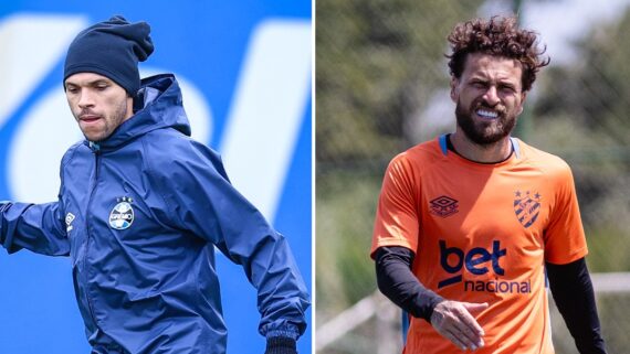 Jogador do Grêmio com casaco de frio e touca durante treno e jogador do Sport com blusa de manga longa durante treino (foto: Lucas Uebel/Grêmio e Paulo Paiva/Sport Recife)