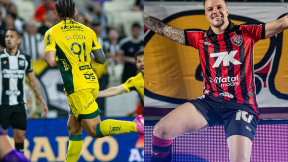Chico da Costa comemora gol contra o Ceará. Renato Kayzer celebra gol do Vitória (foto: Divulgação/Mirassol e Vitória)