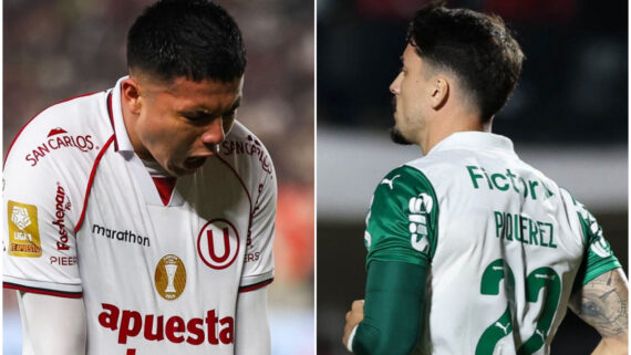 Jogador estica camisa do Universitario como forma de comemoração, e jogador do Palmeiras de costas (foto: Divulgação/Universitario e Cesar Greco/Palmeiras)