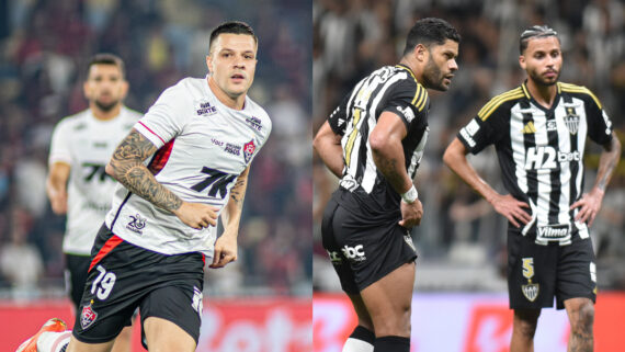 Renato Kayzer, do Vitória, e Hulk e Alexsander, do Atlético (foto: Victor Ferreira / Vitória e Ramon Lisboa/EM/D.A. Press)