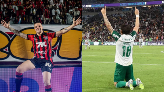 Kayzer e Maurício celebram gols. Equipes buscam vitória no duelo pela Série A (foto: Divulgação/Vitória e Palmeiras)