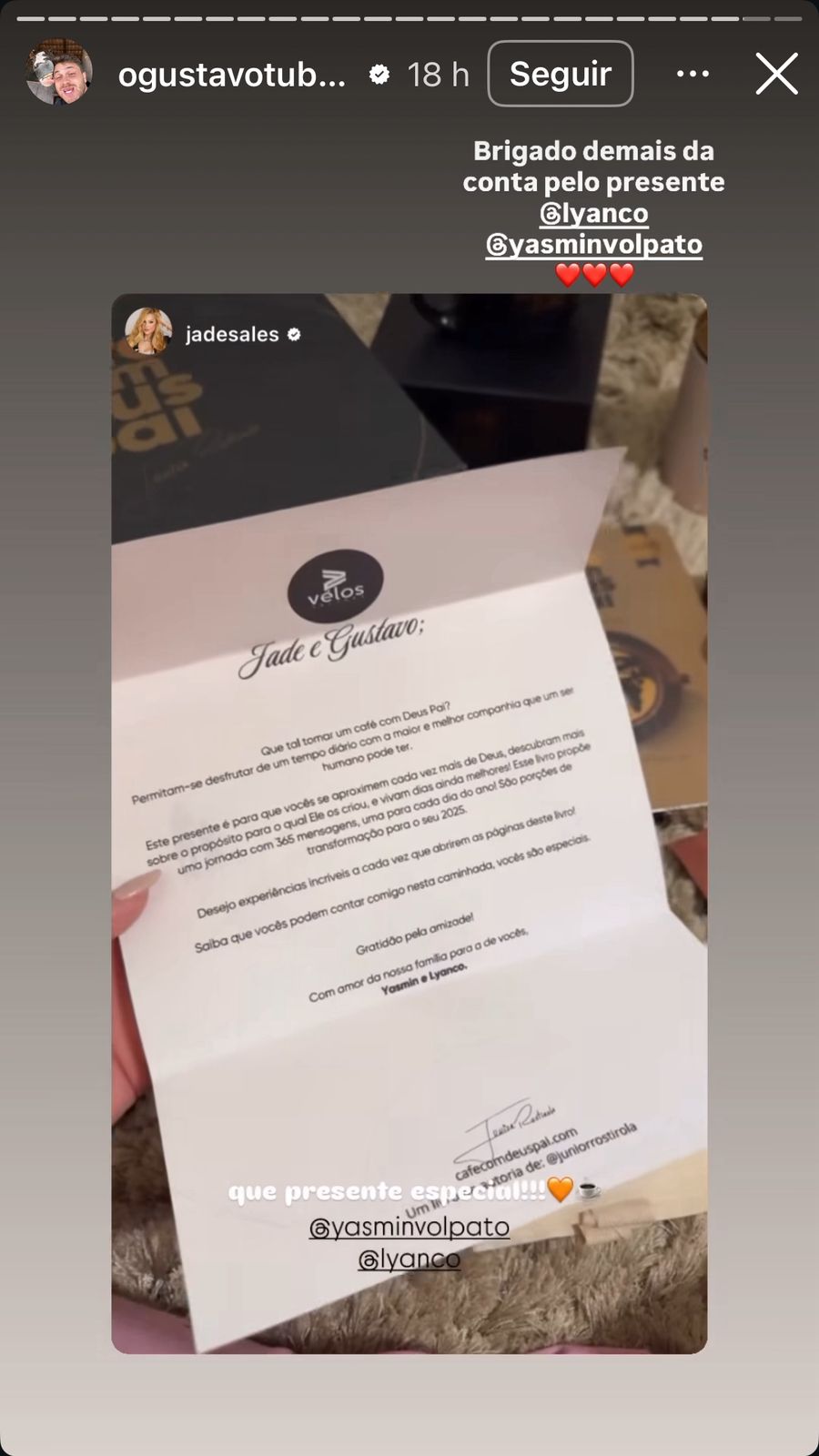 O agradecimento de Gustavo Tubarão a Lyanco e Yasmin Volpato - (foto: Reprodução/Instagram)