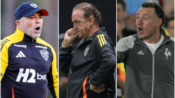 Sampaoli, Cuca e Milito foram os últimos técnicos do Atlético (foto: Pedro Souza/Atlético, DOUGLAS MAGNO / AFP e JUAN MABROMATA / AFP)
