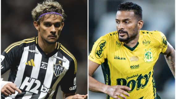 Gustavo Scarpa, meia do Atlético, e Reinaldo, lateral-esquerdo do Mirassol (foto: Pedro Souza/Atlético e Pedro Zacchi/Mirassol)