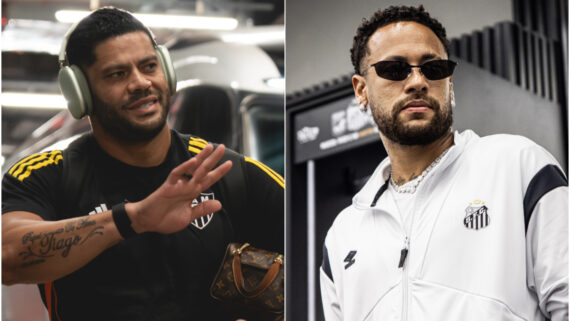 Hulk e Neymar em chegada a jogo de Atlético e Santos (foto: Pedro Souza / Atlético e Raul Baretta/ Santos FC)