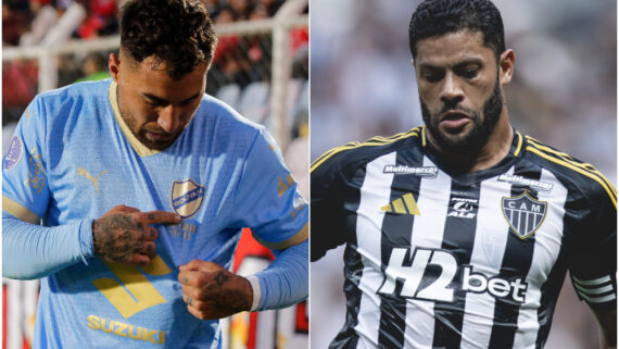 Batallini e Hulk, atacantes de Bolívar e Atlético, respectivamente (foto: Montagem com imagens de Oswald Charca/AFP e Pedro Souza/Atlético)