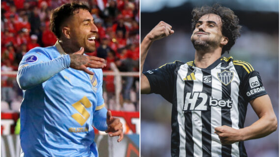 Damián Battallini, do Bolívar, e Igor Gomes, do Atlético (foto: Montagem com imagens de Oswald Charca/AFP e Pedro Souza/Atlético)