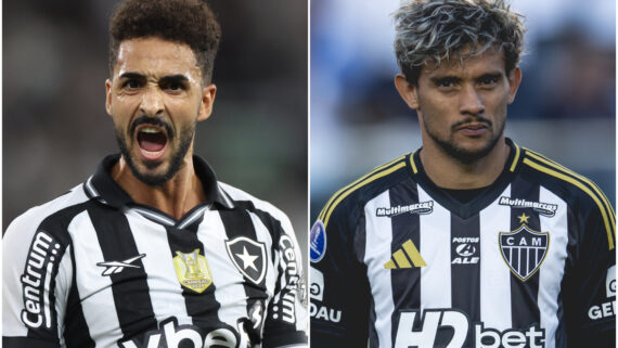 Chris Ramos, atacante do Botafogo, e Gustavo Scarpa, meia do Atlético (foto: Vítor Silva/Botafogo e Pedro Souza/Atlético)