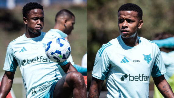 Atacantes Luis Sinisterra e Keny Arroyo, do Cruzeiro, em treinamento na Toca da Raposa (foto: Gustavo Aleixo/Cruzeiro)