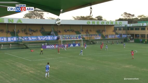 Cruzeiro recebeu Araguari no Gregorão, neste sábado (20/9), pela primeira rodada do Mineiro Feminino, e goleou por 20 a 0 (foto: Reprodução/TV Cruzeiro)