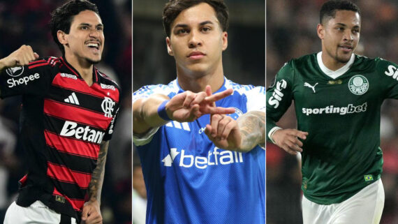 Pedro (Flamengo), Kaio Jorge (Cruzeiro) e Vitor Roque (Palmeiras) (foto: Pablo Porciuncula/AFP, Edesio Ferreira/EM D.A Press e Juan Mabromata/AFP)