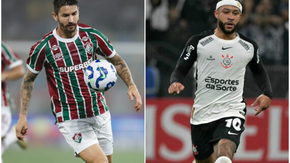 Jogador do Fluminense e do Corinthians em campo (foto: Marcelo Gonçalves/Fluminense e Nelson Almeida/AFP)