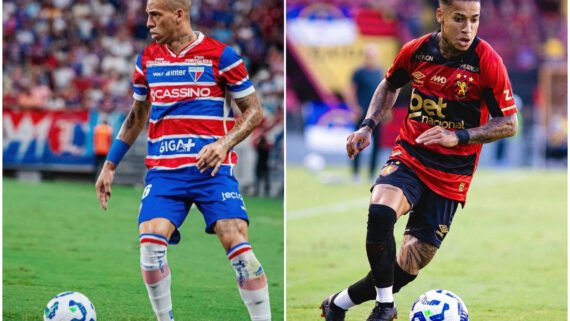 Jogador do Fortaleza e Sport em campo (foto: Divulgação/Breno Lopes e Divulgação/Matheus Leonardo)