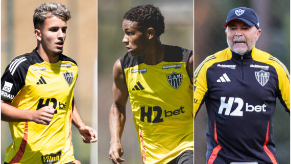 Mateus Iseppe, Gabriel Veneno e Sampaoli, do Atlético (foto: Montagem com imagens de Paulo Henrique França e Pedro Souza/Atlético)