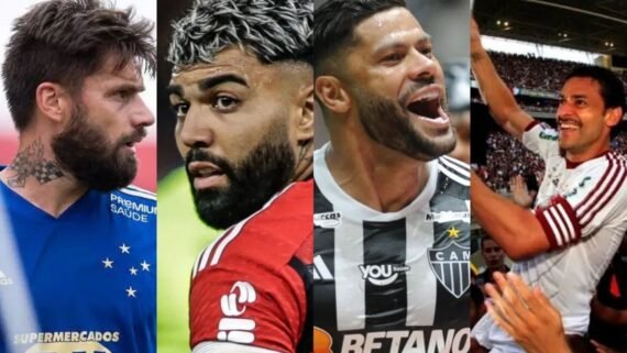 Jogadores de futebol (foto: Montagem: Bruno Haddad/Cruzeiro; Gilvan de Souza / CRF; Alexandre Guzanshe/EM/D.A Press e Fluminense / Divulgação)