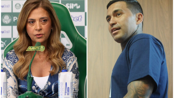 Leila, presidente do Palmeiras, e Dudu, atacante do Atlético (foto: Cesar Greco/Palmeiras/by Canon e Alexandre Guzanshe/EM/D.A. Press)