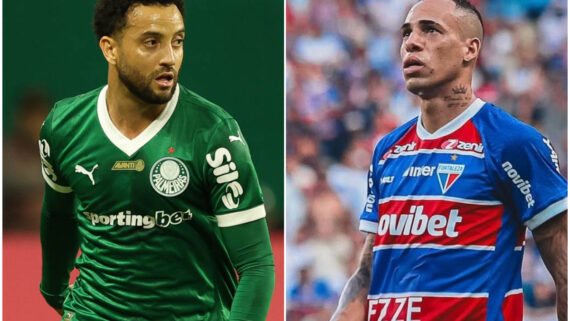 Jogador do Palmeiras e do Fortaleza durante partida (foto: Cesar Greco/Palmeiras e Divulgação/Breno Lopes)