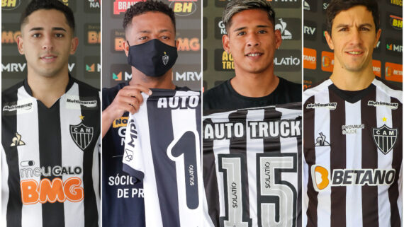 Léo Sena, Keno, Zaracho e Nacho Fernández foram quatro das indicações de Sampaoli à diretoria do Atlético (foto: Montagem com imagens de Bruno Cantini/Atlético (3) e Pedro Souza/Atlético)