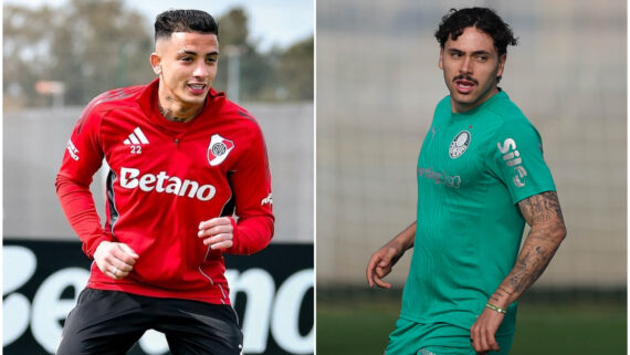 Jogador do River Plate e Palmeiras durante treino (foto: Divulgação/River Plate e Cesar Greco/Palmeiras)