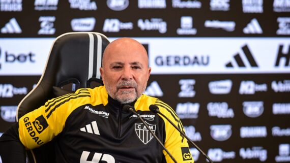 Jorge Sampaoli durante apresentação como técnico do Atlético na Arena MRV (6/9) (foto: Leandro Couri/EM/D.A Press)