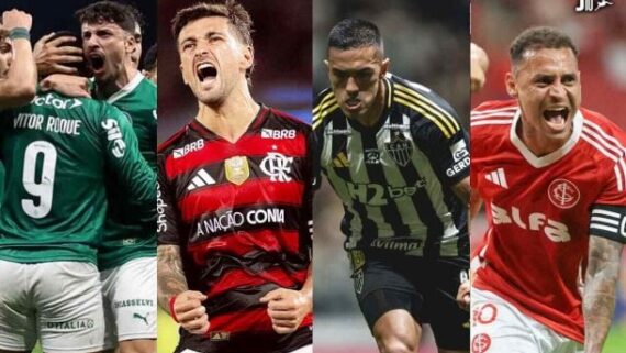 Palmeiras, Flamengo, Atlético e Inter se destacam em ranking (foto: Fotos: Cesar Greco/Palmeiras Adriano Fontes/Flamengo Pedro Silva/Atleico MG Ricardo Duarte/SC Internacional)