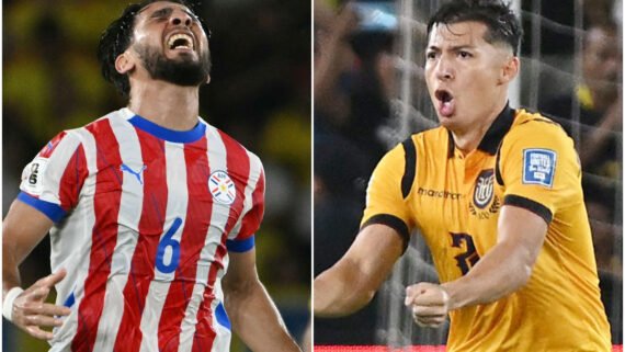 Junior Alonso e Alan Franco, jogadores do Atlético, em ação por Paraguai e Equador, respectivamente (foto: Montagem com imagens de Luis Acosta/AFP e Marcos Pin/AFP)