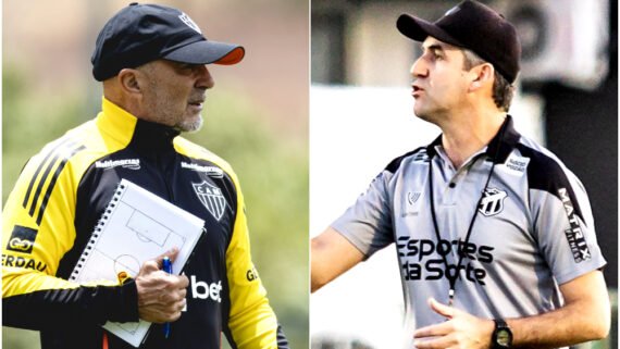Técnicos Jorge Sampaoli, do Atlético, e Léo Condé, do Ceará (foto: Montagem com imagens de Pedro Souza/Atlético e Gabriel Silva/Ceará)