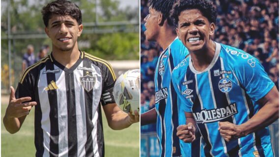 Atlético tenta reverter grande vantagem do Grêmio na final do Campeonato Brasileiro Sub-17 (foto: Montagem com imagens de Reprodução/X/GaloNaBase e Reprodução/X/Gremio)