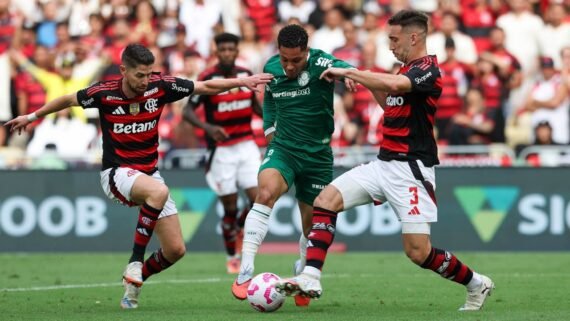 Disputa de bola em Flamengo x Palmeiras (foto: Cesar Greco/Palmeiras)
