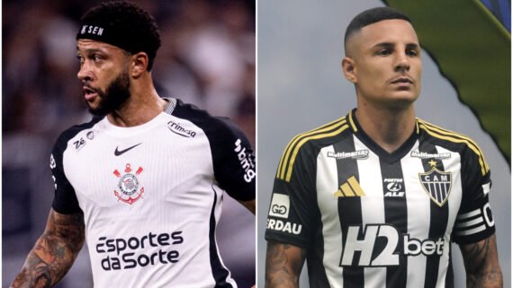 Memphis Depay e Guilherme Arana, dois dos destaques do duelo entre Corinthians e Atlético (foto: Montagem com imagens de Rodrigo Coca/Agência Corinthians e Alexandre Guzanshe/EM/D.A. Press)