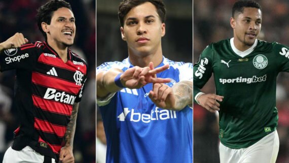 Pedro (Flamengo), Kaio Jorge (Cruzeiro) e Vitor Roque (Palmeiras) (foto: Pablo Porciuncula/AFP, Edesio Ferreira/EM D.A Press e Juan Mabromata/AFP)