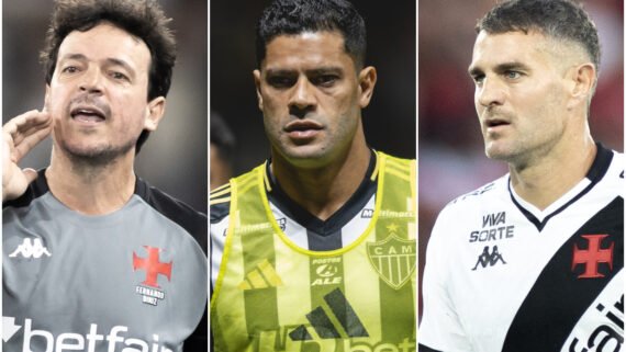 Fernando Diniz, técnico do Vasco; Hulk, atacante do Atlético, e Pablo Vegetti, atacante do Vasco (foto: Montagem com imagens de Matheus Lima/Vasco (2) e Pedro Souza/Atlético)