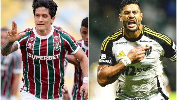 Germán Cano (à esquerda) e Hulk (à direita), atacantes e artilheiros de Fluminense e Altético, respectivamente (foto: Montagem com imagens de Marcelo Gonçalves/Fluminense e Pedro Souza/Atlético)