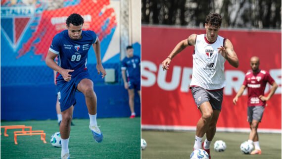 Na esquerda, atleta do Fortazela. Na direita, atleta do São Paulo. Ambos treinam em campo aberto pelos seus respectivos clubes. (foto: Mateus Lotif/Fortaleza e Erico Leonan/São Paulo)