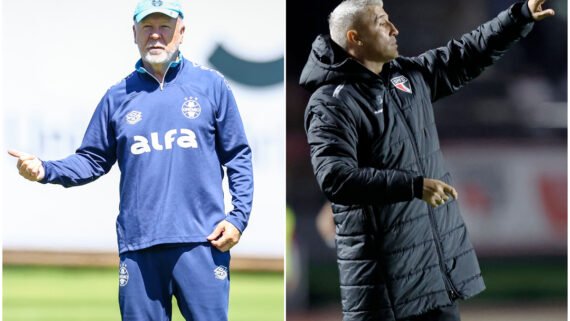 Técnico do Grêmio e do São Paulo em campo (foto: Lucas Uebel/Grêmio e Miguel Schincariol/ AFP)