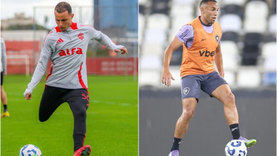 Na esquerda, atleta do Internacional. Na direita, atleta do Botafogo. Ambos treinando em campo aberto pelos seus respectivos clubes (foto: Ricardo Duarte/Internacional e Vítor Silva/Botafogo)