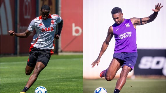 Atletas do Internacional e Corinthians treinando com a bola em seus respectivos centros de treinamento, devidamente uniformizados. (foto: Internacional/Filipe Maciel e Corinthians/Rodrigo Coca)