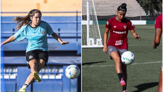 Atletas do Olimpia, na esquerda, e São Paulo, na direita, treinando em campo aberto (foto: Divulgação/Olimpia e Aline Fiuza/São Paulo)