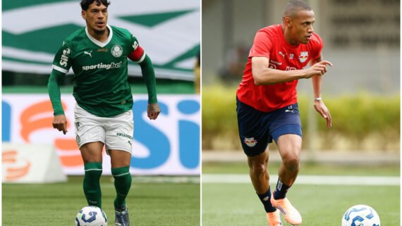 Atletas do Palmeiras e Bragantino em treino pelos seus respectivos clubes (foto: Cesar Greco/Palmeiras e Ari Ferreira/Bragantino)