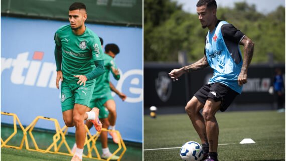 Andreas Pereira na esquerda e Philippe Coutinho na direita. Ambos treinando em campo aberto (foto: Werner Flister/Palmeiras e Matheus Lima/Vasco)