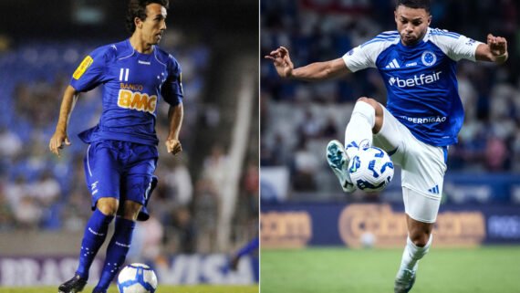 Thiago Ribeiro pelo Cruzeiro em 2010; Wanderson em ação na temporada 2025 (foto: Bruno de Lima/VIPCOMM e Gustavo Aleixo/Cruzeiro)
