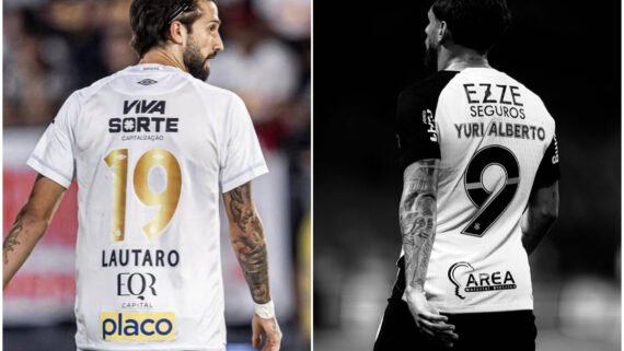 Jogador do Santos e do Corinthians de costas (foto: Divulgação/Lautaro Diaz e Divulgação/Yuri Alberto)