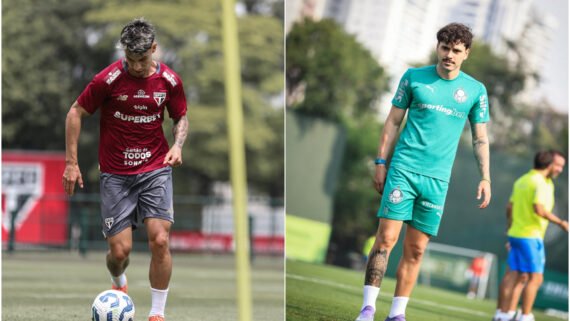 Atletas do São Paulo e do Palmeiras treinando em campo aberto pelos seus clubes (foto: Erico Leonan/São Paulo e Werner Flister/Palmeiras)