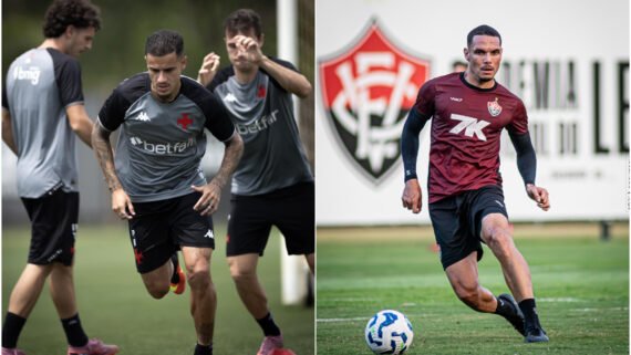 Atletas do Vasco e do Vitória treinando em campo aberto (foto: Matheus Lima/Vasco e Victor Ferreira/Vitória)