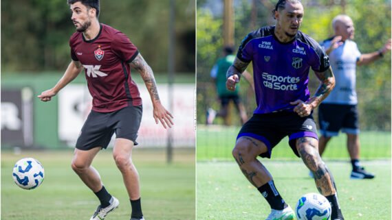 Na esquerda, atleta do Vitória. Na direita, atleta do Ceará. Ambos treinam com a bola em campo aberto. (foto: Victor Ferreira/Vitória e Felipe Santos/Ceará)